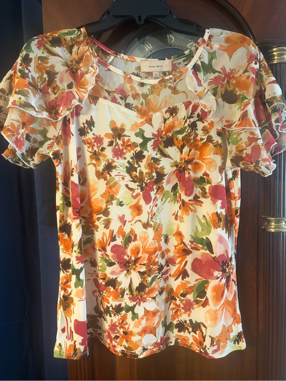 Floral Ruffle Sleeve Blouse — Cream with Orange, Pink & Green